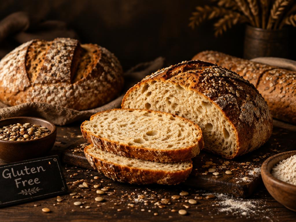 Pães artesanais sem glúten fatiados sobre mesa de madeira